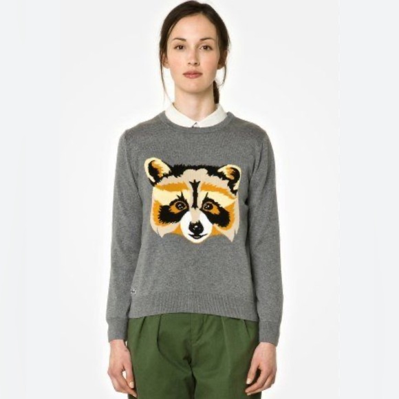 LACOSTE LIVE! Sz L Sweater 100% Cotton Raccoon Image On Grey Background - Picture 1 of 8